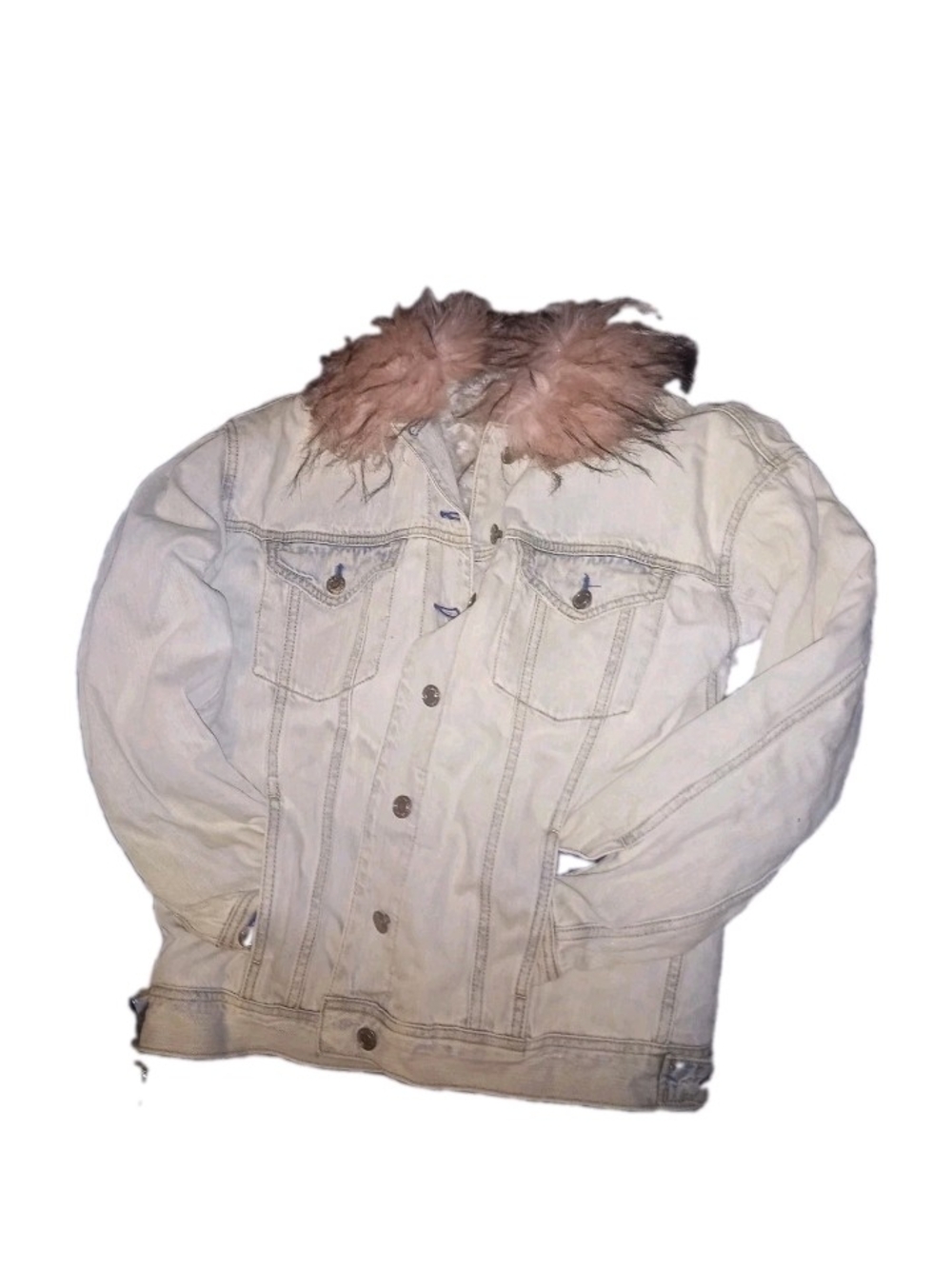 American Eagle Outfitters Cream Denim Jacket with Faux-Fur Collar
